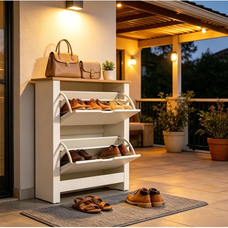 Zapatero 72/26/80 cm blanco y madera natural con 2 puertas abatibles (1/5)