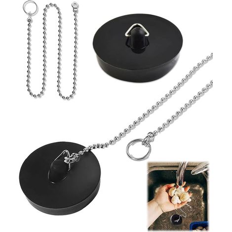 Lot de 2 Bouchon de vidange, Chaîne 40 cm, Caoutchouc durable, Diamètre 40-45 mm, Pour cuisine salle de bain