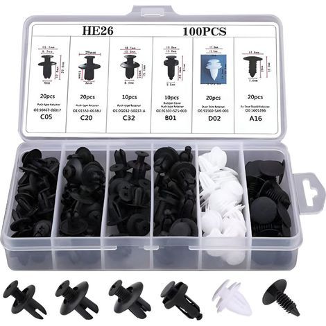 100 Pièces Attaches Pare-Chocs Auto, Rivets Plastique Kit Fixation, 6 Tailles Populaires Goupilles Rapides, Agrafes Rétention pour Panneaux Portes et Ailes GM Ford Toyota Honda
