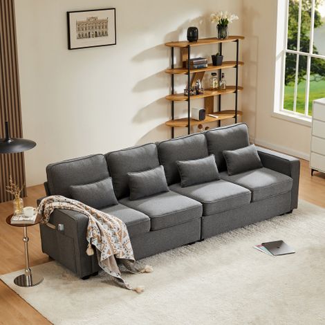 Canape droit,canapé 4 places,canapé modulable,avec rangement doté de poches sur les accoudoirs et de 4 coussins,pieds en plastique,modulable,tissu Lin Doux,aucun assemblage requis,gris foncé