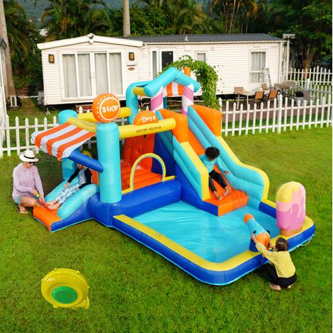 Castello gonfiabile per bambini con scivolo, 450 W, blu multicolore OKMYHOME (1/5)