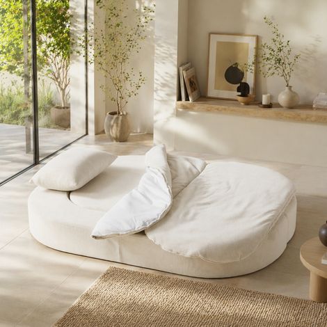 Canapé-lit convertible 200x130 cm blanc cassé, pliable, tissu flanelle et mousse mémoire, MEUBLIV (1/5)