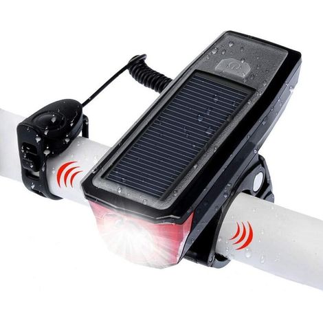 Phare de vélo, lampe frontale solaire rechargeable par USB à 4 modes avec sonnette pour une sécurité accrue. (1/5)