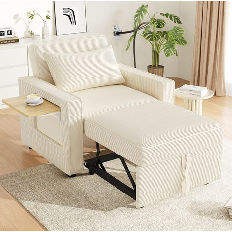 Schlafsofa 1-Sitzer Cord Beige mit verstellbarer Rückenlehne, USB/Type-C, Handyhalter und Beistelltisch, 93x150x85 cm (1/5)