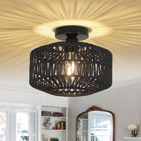 Plafonnier en rotin noir, plafonnier vintage en bambou, plafonnier de salon en rotin style campagnard, lampe panier styl [Classe D] (1/5)