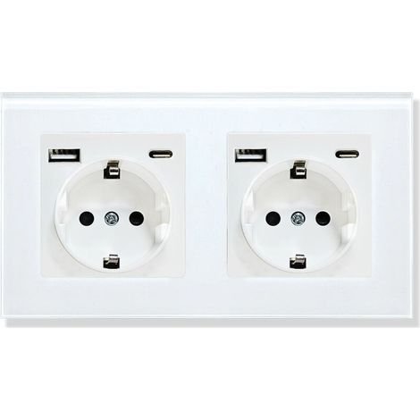 Glass wall socket with USB and 1 Type-C alternative wall power strip with USB, 2.1A current, 16 Amp, 240V, 157mm, White