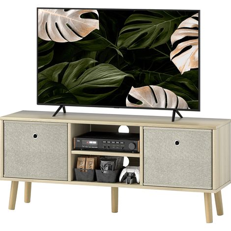 Meuble TV 2 tiroirs étagères ouvertes pour TV jusqu'à 50 pouces bois beige (1/5)