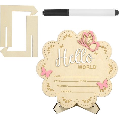 Hello World Pancarme Nouveau-Né, 15cm Pancarme Bébé en Bois avec Support & Stylo Planche de Bienvenue pour Garçons Filles Photo Accessoires Décor (Style 1) (1/5)