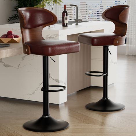 Lot de 2 Tabourets de Bar, Chaises de Bar en Bois avec Dossier et Repose-Pieds,Assise Rembourée,Chaise bar pourCuisine/Bar,Marron (1/5)