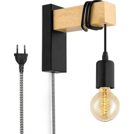 Apliques De Pared Madera "RUDER" - Con Interruptor Y Enchufe - - Negro