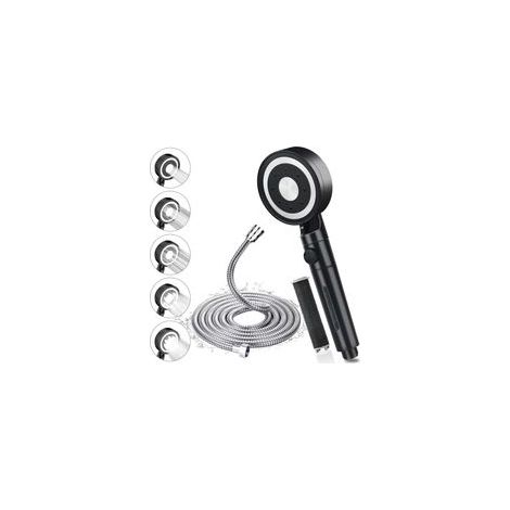 5 Modes Noir Pommeau de Douche Haute Pression, Pommeau de Douche avec Tuyau 1.5m en Acier Inoxydable 304, Pommeau Douche Économie d'Eau Anti Calcaire, Douchette Douche Filtrant avec de Jet, Chrome