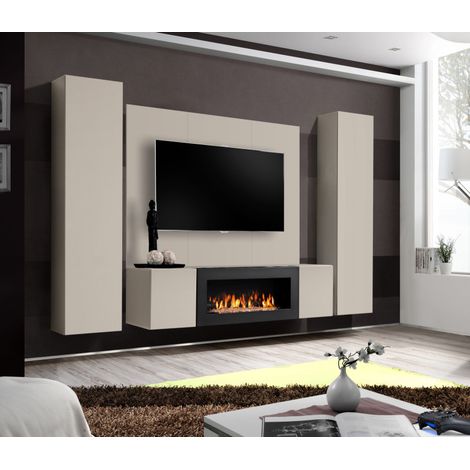 Ensemble meuble TV mural Fly M-P1 avec cheminée bioéthanol - Bois MDF cachemire - 240 x 170 x 40 cm - Livraison gratuite