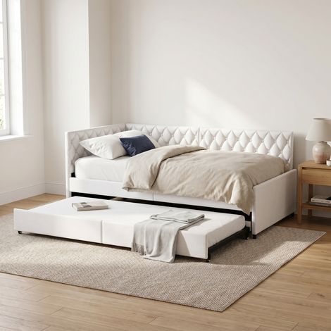 Schlafsofa, Tagesbett 90x200 cm mit Ausziehbett, Samt, Polsterbett mit Knopfheftung, Beige (1/5)