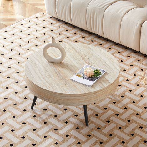 Runder Couchtisch 70 cm, heller Travertin-Effekt, MDF und schwarze Metallbeine HAVRYA (1/5)