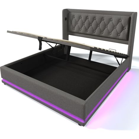 Letto contenitore 140 x 200 cm grigio in cotone, testiera USB-C e LED, con materasso, MODENUIT (1/5)