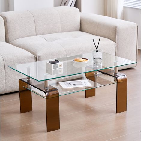 Table basse en verre trempé transparent 100 x 55 x 45 cm à deux niveaux HAVRYA (1/5)
