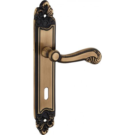 Thirard – Ensemble de poignées pour porte intérieure louis XV – Carré 7mm – Entr'axes 195mm – Plaques et béquilles en laiton vieilli