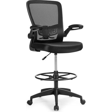 Chaise de bureau noire à dossier haut en maille, accoudoirs relevables et soutien lombaire, repose-pieds pour bureau et table haute (1/5)