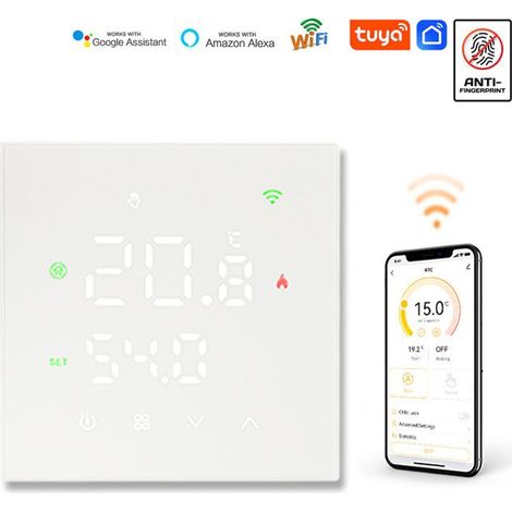 Thermostat intelligent programmable – 16 A, écran tactile LCD couleur – AC 90-240 V, ignifuge IP20 – 41 x 86 x 86 mm, blanc (1/4)