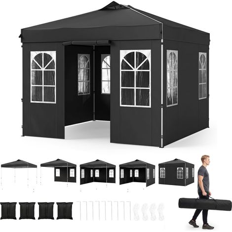 COSTWAY Gazebo da Giardino 3 x 3 m, Gazebo Pieghevole da Esterno con 4 Pareti Laterali Removibili, Struttura in Metallo, Altezza Regolabile e Borsa da Trasporto per Mercatini, Fiere e Picnic (Nero) (1/5)