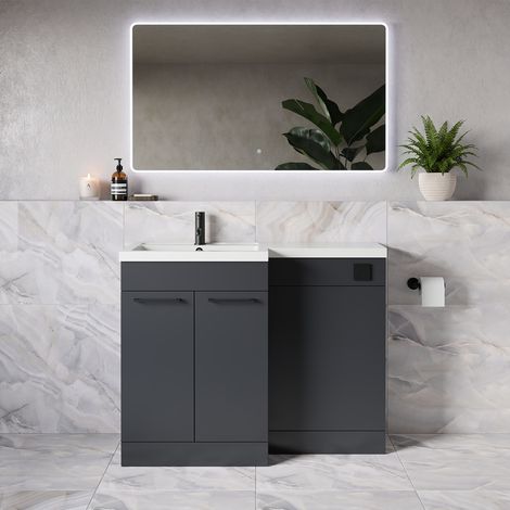Napoli 390 Gloss Grey 1100mm 2 Door Vanity Unit Toilet Suite with Square Left Hand Lucia Basin - 1100mm - Matt Black 160mm HandleWithout Kingston Toilet Pan
