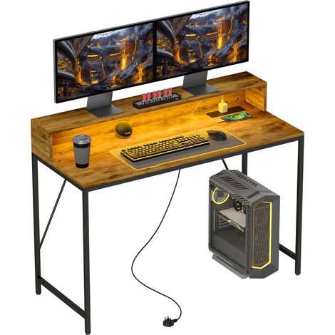 120cm Computer Desk with LED Lights and Power Outlets, Gaming Desk with Monitor Stand, Computer Table with Remote for Home Office Study, Rustic Brown