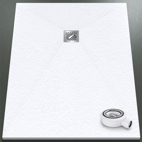 Mai & Mai Receveur de Douche Antidérapant Bac à Douche Blanc en Résine Marbre Artificielle 100x140x3cm Rectangulaire Géo9 avec Bonde AL06 (1/5)