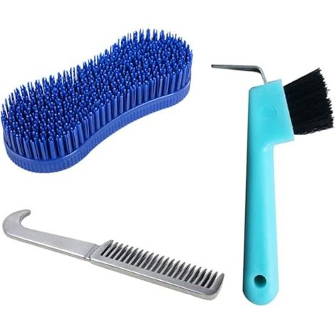 Brosse de pansage pour cheval, lot avec cure-pied et peigne à crinière, multifonction et durable, bleu (1/4)