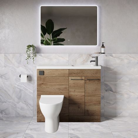 Napoli 250 Tobacco Oak 1000mm 2 Door Vanity Unit Toilet Suite with Round Silvo Basin - 1000mm - Gunmetal Grey 160mm HandleWith Jubilee Toilet Pan and Seat