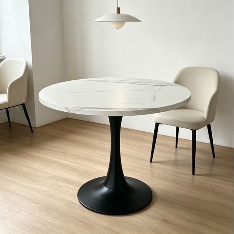 Mesa de comedor redonda 80 cm blanco y negro en MDF y metal con diseño marmoleado y pedestal estable (1/5)
