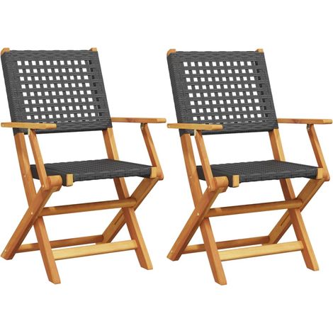 vidaXL Folding Chairs 2 pcs Black Solid Wood Acacia and Poly Rattan