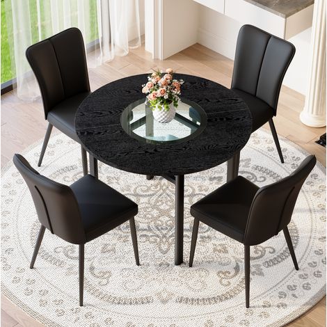 Ensemble table ronde 100 cm avec 4 chaises en PU noir, plateau MDF effet bois noir, OKWISH (1/5)