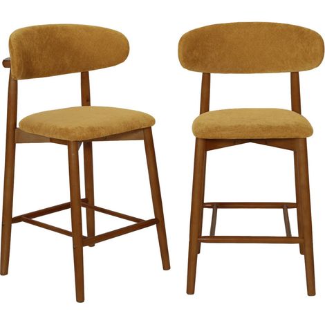 Lot de 2 tabourets de bar en bois d'hévéa noyer et tissu chenille - Paola Noyer / Moutarde (1/5)