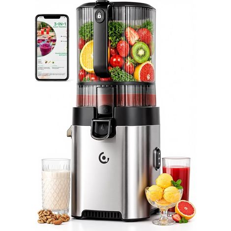 Extracteur de jus à froid pour fruits et légumes, goulotte 158 mm pour fruits entiers, trémie 2,5 L, 2 filtres amovibles, nettoyage facile, moteur 300 W à faible bruit, usage familial (1/5)