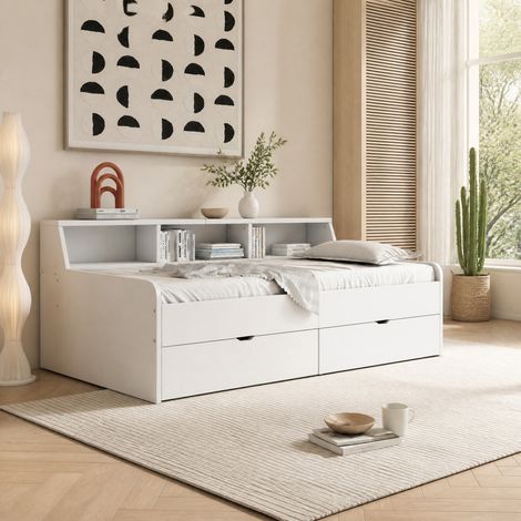 Lit banquette 90 x 200 cm en bois et MDF blanc, avec 2 tiroirs de rangement et compartiments latéraux, sommier à 15 lattes, charge maximale 120 kg – de FLORAGRACE (1/5)