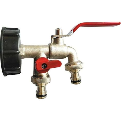 Robinet double de jardin 1/2", adaptateur pour réservoir IBC de 1000 l, robinet pour récupérateur d'eau de pluie, robinet double en laiton PP, filetage grossier 60 mm S60x6, raccord pour réservoir IBC (1/5)