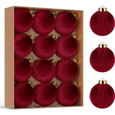 Lot de 12 boules de Noël en velours bordeaux, 8 cm, en plastique, pour sapin (1/5)