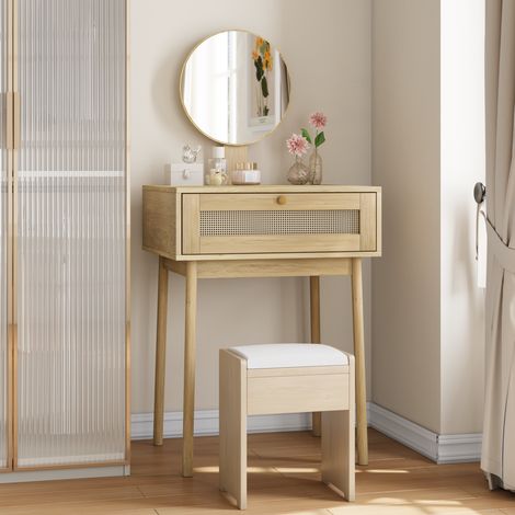 Tocador con espejo redondo, 1 cajón, color roble, estilo ratán OKMYHOME (1/5)