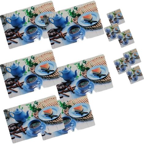 Tovaglietta americane da colazione set da 6 tovagliette e sotto tazze tazzoni facile da pulire antiscivolo - decoro: set 6+6 fantasia Fette biscottate (1/4)