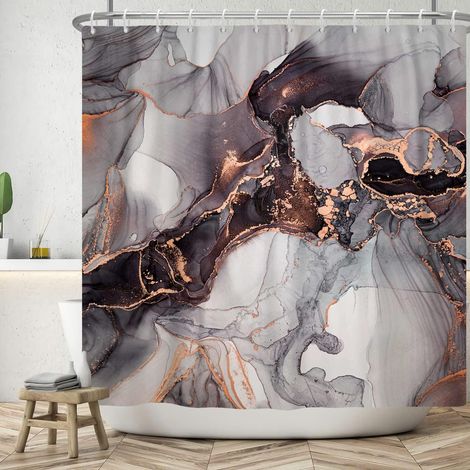 183x213cm Rideau de Douche en marbre Gris Marron avec Rideau de Bain de Luxe doré Texture d'encre de Luxe Rideaux de Douche ombrés Rideau de Baignoire étanche pour décor de Salle de Bain (1/5)