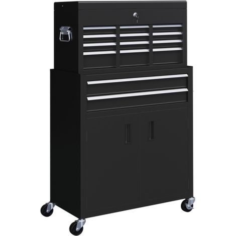 Portable metal tool box on wheels featuring six drawers, perfect for garage and workshop organization