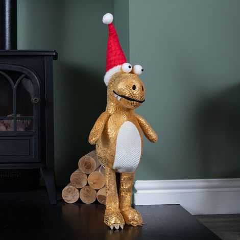 60cm Gold Plush Tyrone-Rex Dino Standing Christmas Decoration with Santa Hat (1/5)