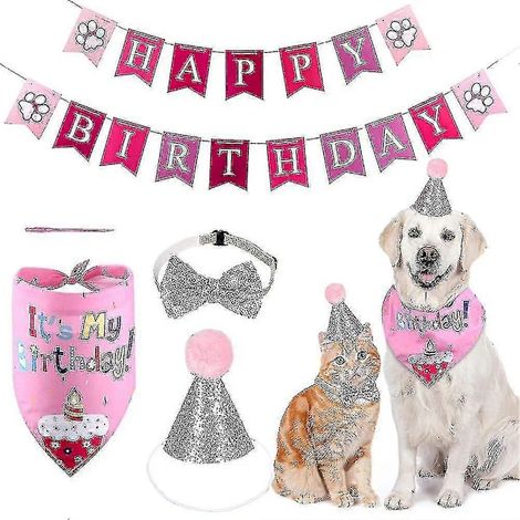 Filiyano-4 pièces pour une fête d'anniversaire de chien : chapeau, écharpe, banderole, décorations de félicitations 【PL】 (1/5)