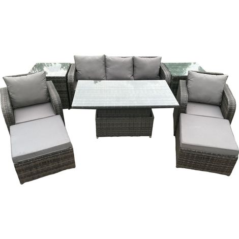 Fimous Meubles d'extérieur en rotin Canapé Jardin Salle à manger Set Table élévatrice réglable en hauteur Set de chaises avec 2 tables d'appoint 2 grands repose-pieds (1/5)