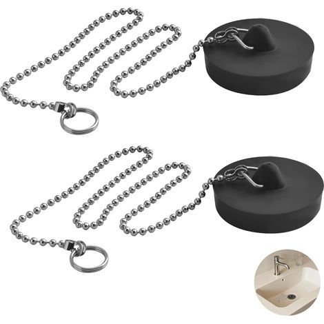 2 pieces of 4.5 cm Sink Stopper Universal Black with 40 cm Stainless Steel Chain - for sinks, prevents water loss and odors, suitable for Bathroom and Kitchen (1/5)