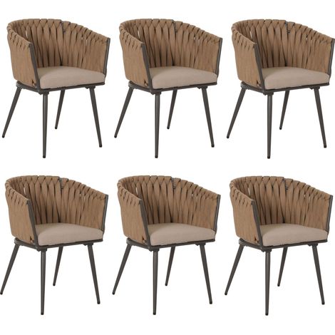 [NON UTILIZZATO] Set 6 sedie soggiorno in alluminio HHG-418, sedie salotto con braccioli, intreccio corda, beige cuscino marrone chiaro