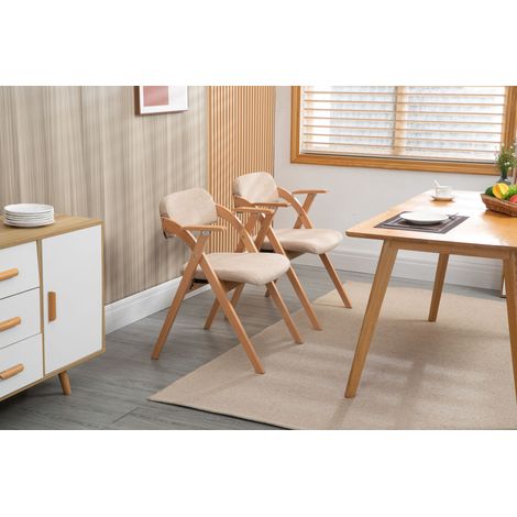 HOMEFUN Lot de 2 chaises pliantes avec accoudoirs, chaise de salle à manger pliante en bois empilable avec assises rembourrées pour invités, cuisine, bureau, mariage et fête, kaki (1/5)