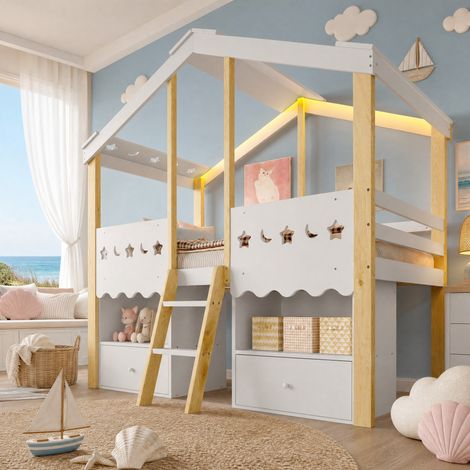 Letto bambino semialto 90x200 a forma di casetta, LED, 2 cassetti, bianco e legno HAVRYA (1/5)