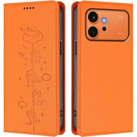 Coque pour Honor 600 5G Case, Étui Portefeuille à Rabat en Cuir PU à Chat Motif, avec Support/RFID Fentes Cartes/Fermeture Magnétique Antichoc Housse, Orange (1/5)