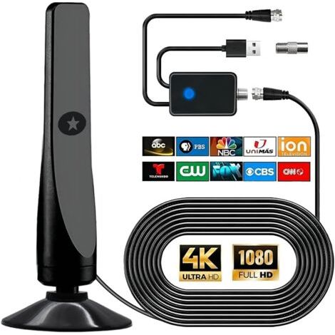 Antenne TV numérique, puissante antenne HDTV intérieure extérieure avec amplificateur, réception 360° de 50 miles Antenne TV, prise en charge 4K 1080P, TV gratuite DVB-T2 VHF UHF, câble coaxial de 3 m (1/5)